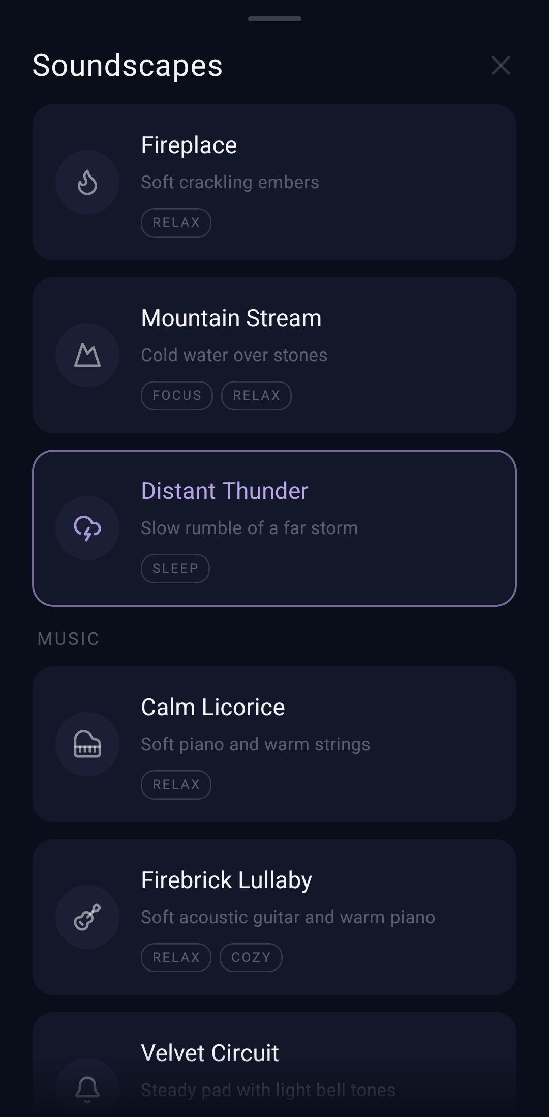 Oave app screen with sound masking and sleep timer controls