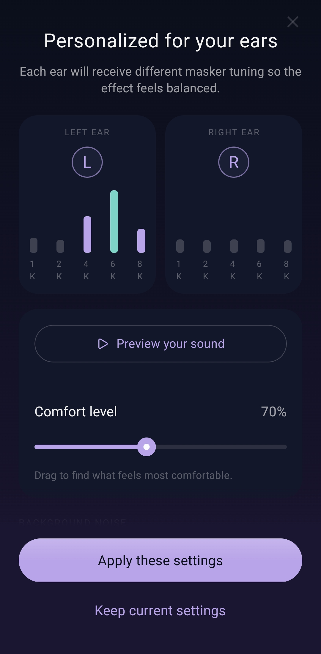 Oave app screen with sound masking and sleep timer controls